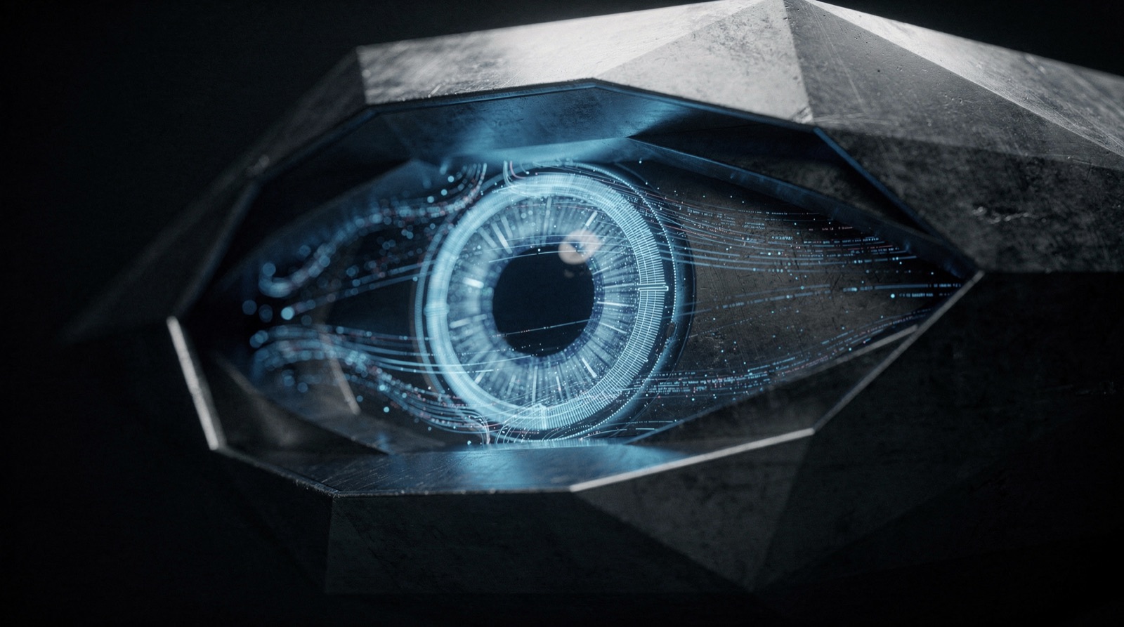 A dark faceted metallic monolith cracked open to reveal a glowing azure cybernetic eye at its core.
